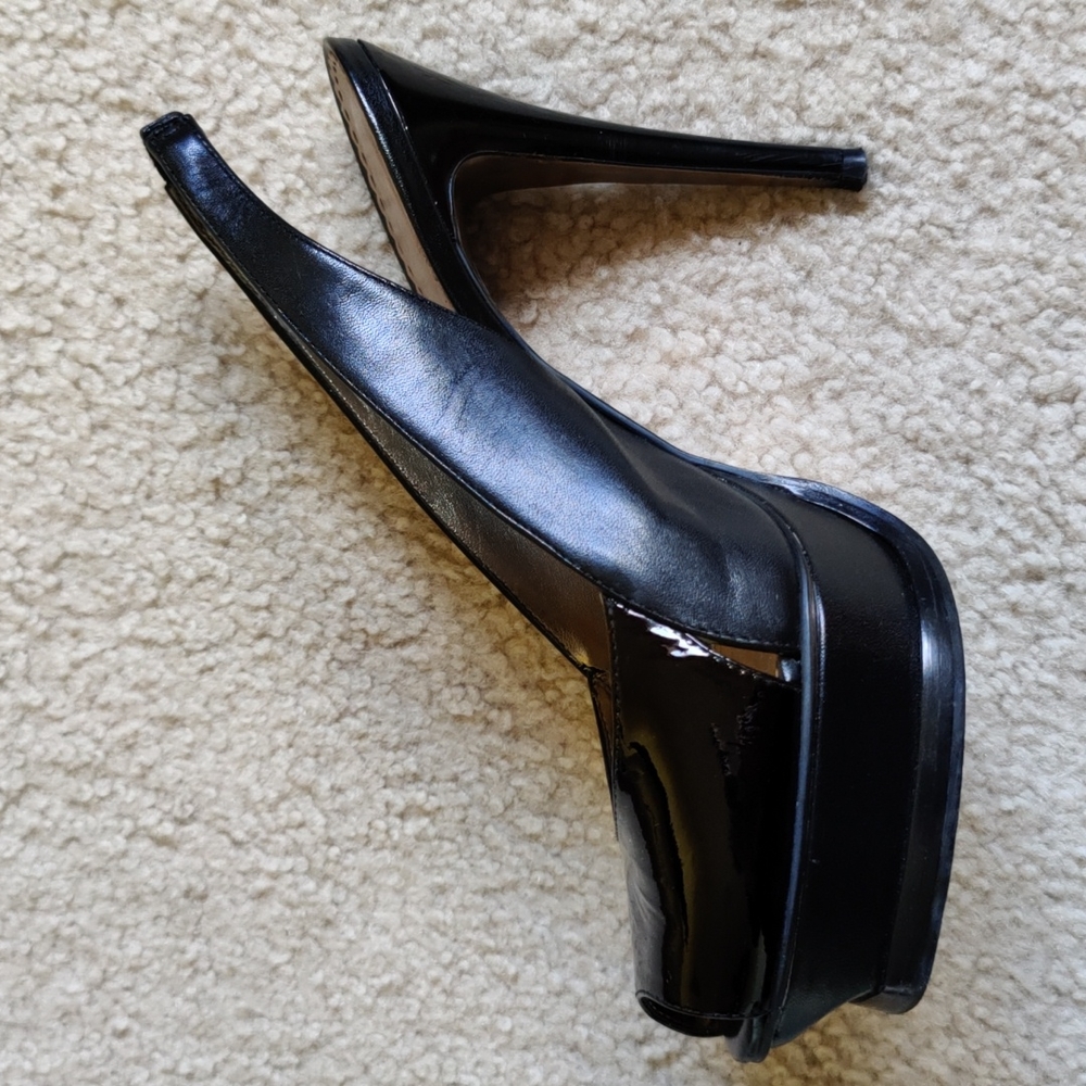bebe Black Patent Peep-Toe Slingback Platform Heels - Picture 4 of 7